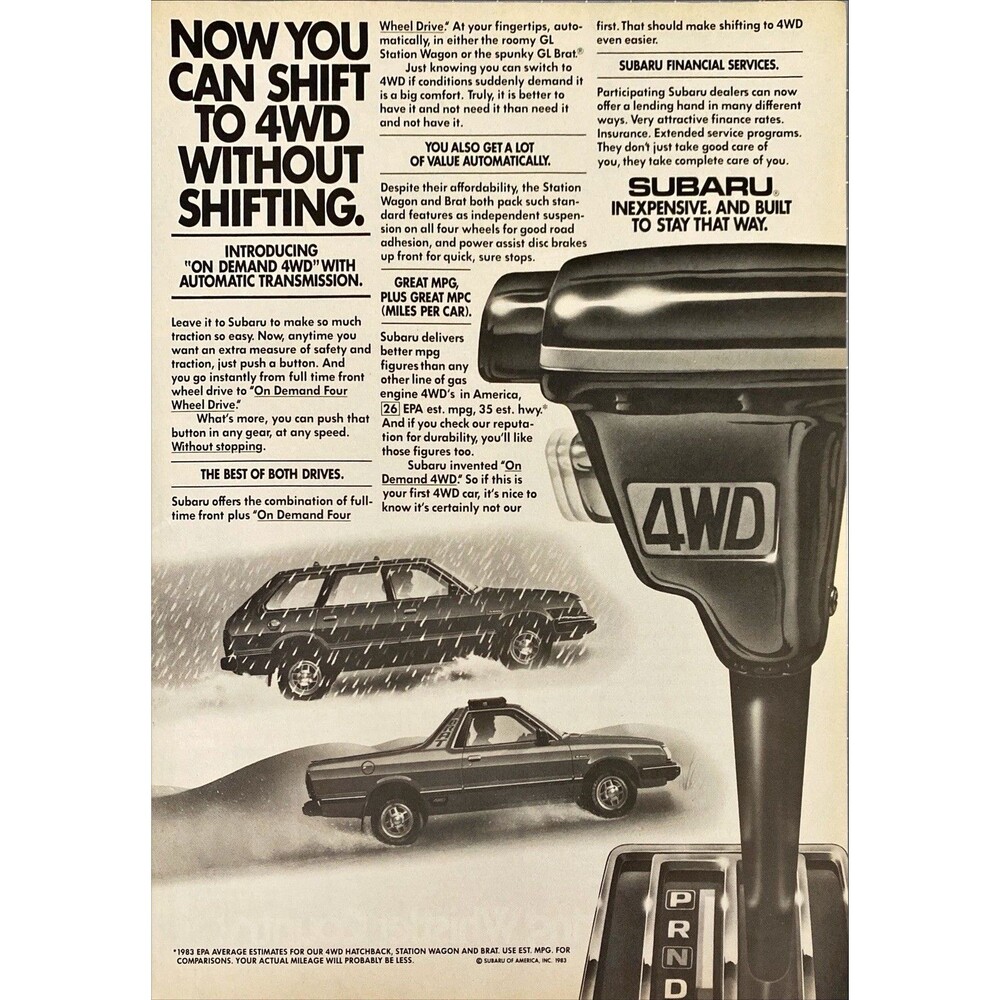 Subaru 4WD Hatchback, Station Wagon and Brat "Inexpensive Built to Last" Ad 1983